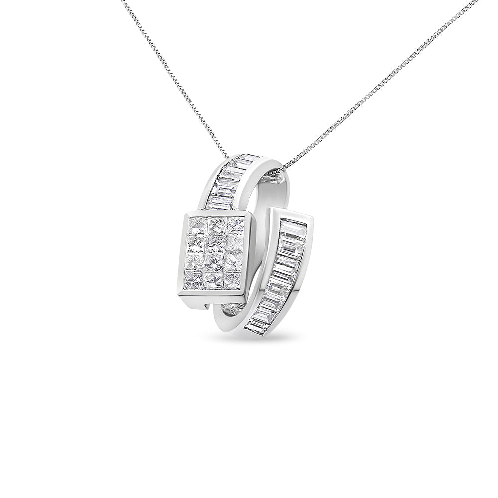 14K White Gold 2 cttw Princess and Baguette Cut Diamond Double Loop Pendant Necklace (G-H, VS1-VS2)