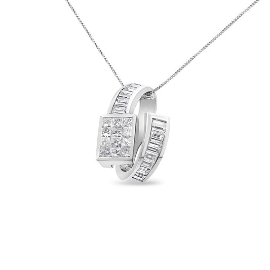 14K White Gold 2 cttw Princess and Baguette Cut Diamond Double Loop Pendant Necklace (G-H, VS1-VS2)