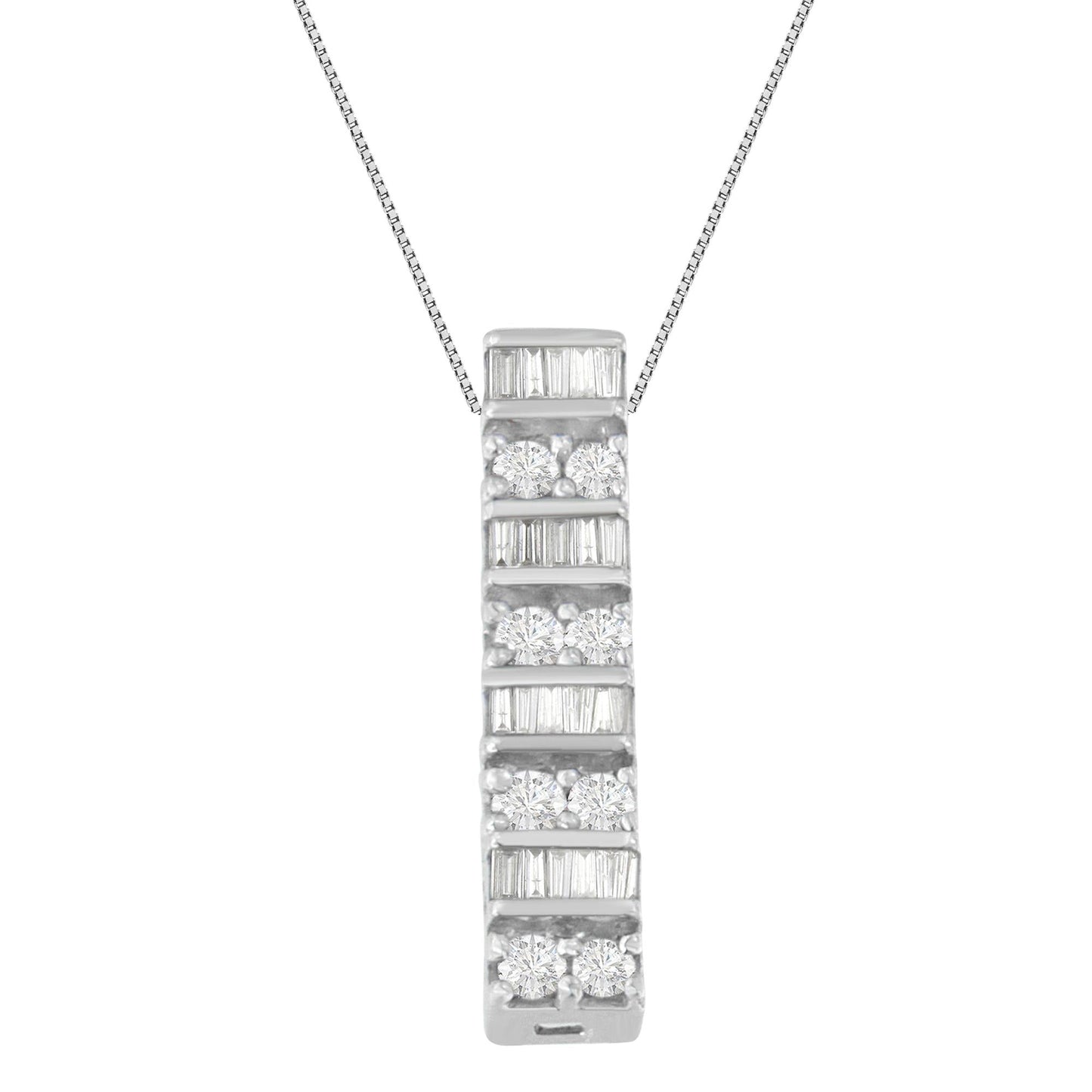 14K White Gold Round and Baguette Cut Diamond Pendant Necklace (5/8 cttw, H-I Color, I1-I2 Clarity)