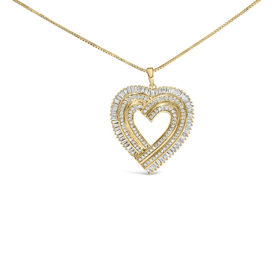 14K Yellow Gold Plated .925 Sterling Silver 1/4 Cttw Round and Baguette-Cut Diamond Composite Heart 18" Pendant Necklace (H-I Color, SI2-I1 Clarity)