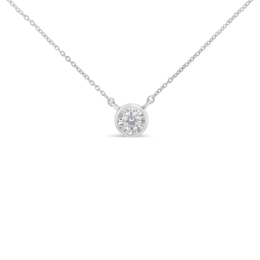 10K White Gold 1/4 Carat Round Diamond Miracle Plate Bezel Set Modern Suspended Round 18” Pendant Necklace (I-J Color, I2-I3 Clarity)