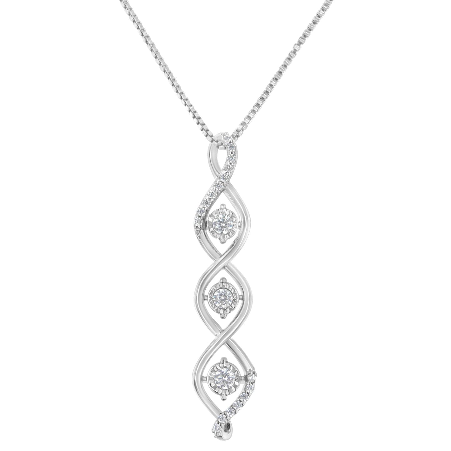 10K White Gold 1/2 cttw 3 Stone Diamond Drop Twisted Pendant Necklace (I-J, I2-I3)