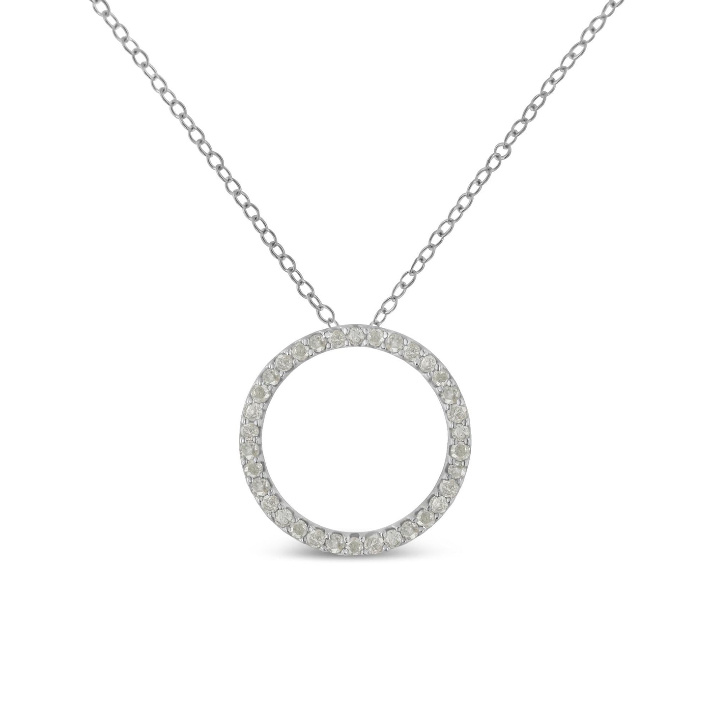 .925 Sterling Silver 3/4 Cttw Round-Cut Diamond Open Circle Halo 18" Pendant Necklace (I-J Color, I3 Clarity)