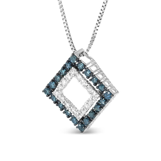 .925 Sterling Silver 1/2 Cttw Treated Blue and White Diamond Double Rhombus 18" Pendant Necklace (Blue/I-J Color, I2-I3 Clarity)