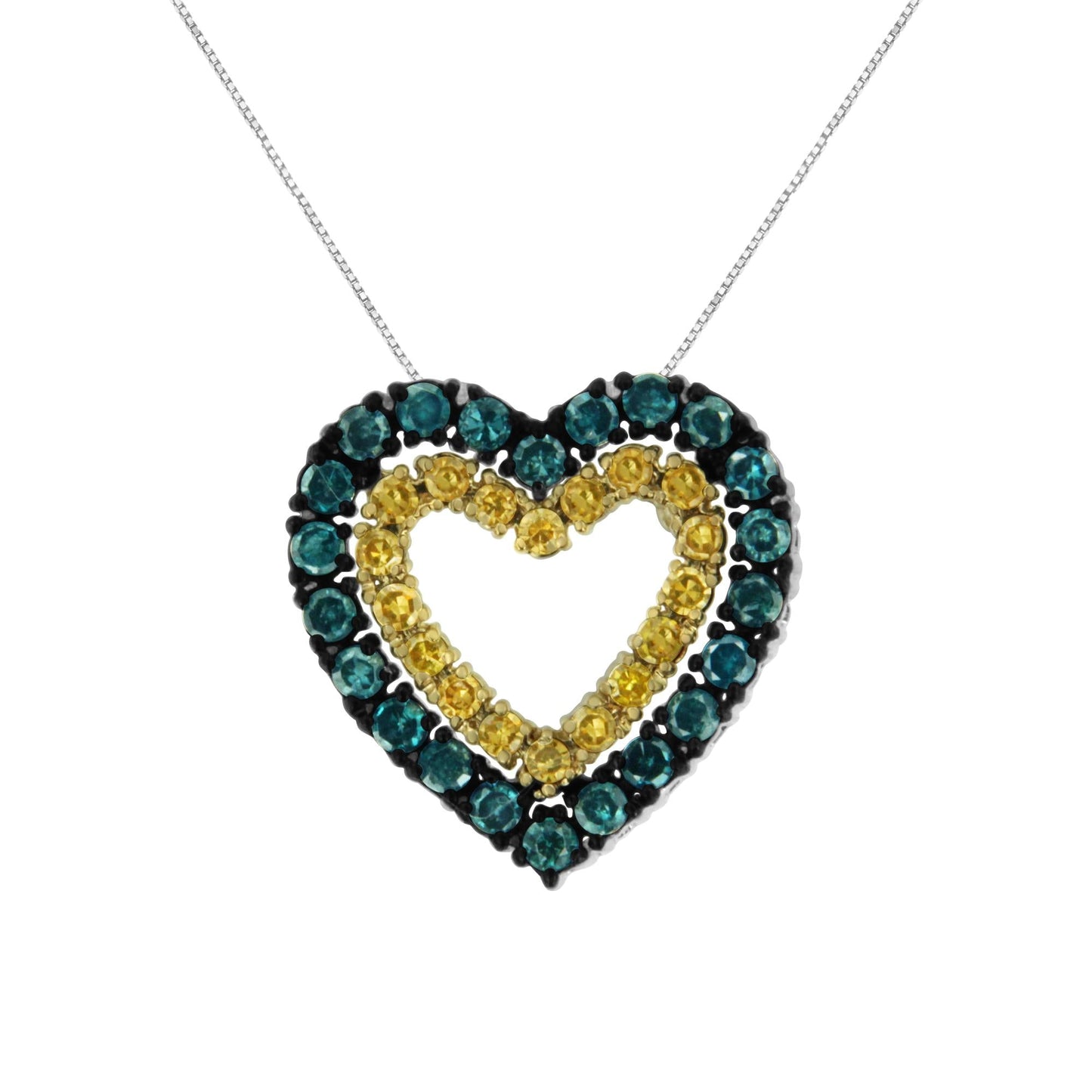 14K Yellow Gold Plated .925 Sterling Silver 1/2 cttw Color Treated Diamond Heart Pendant Necklace (Blue, Yellow, I2-I3 Clarity) - Size 18"