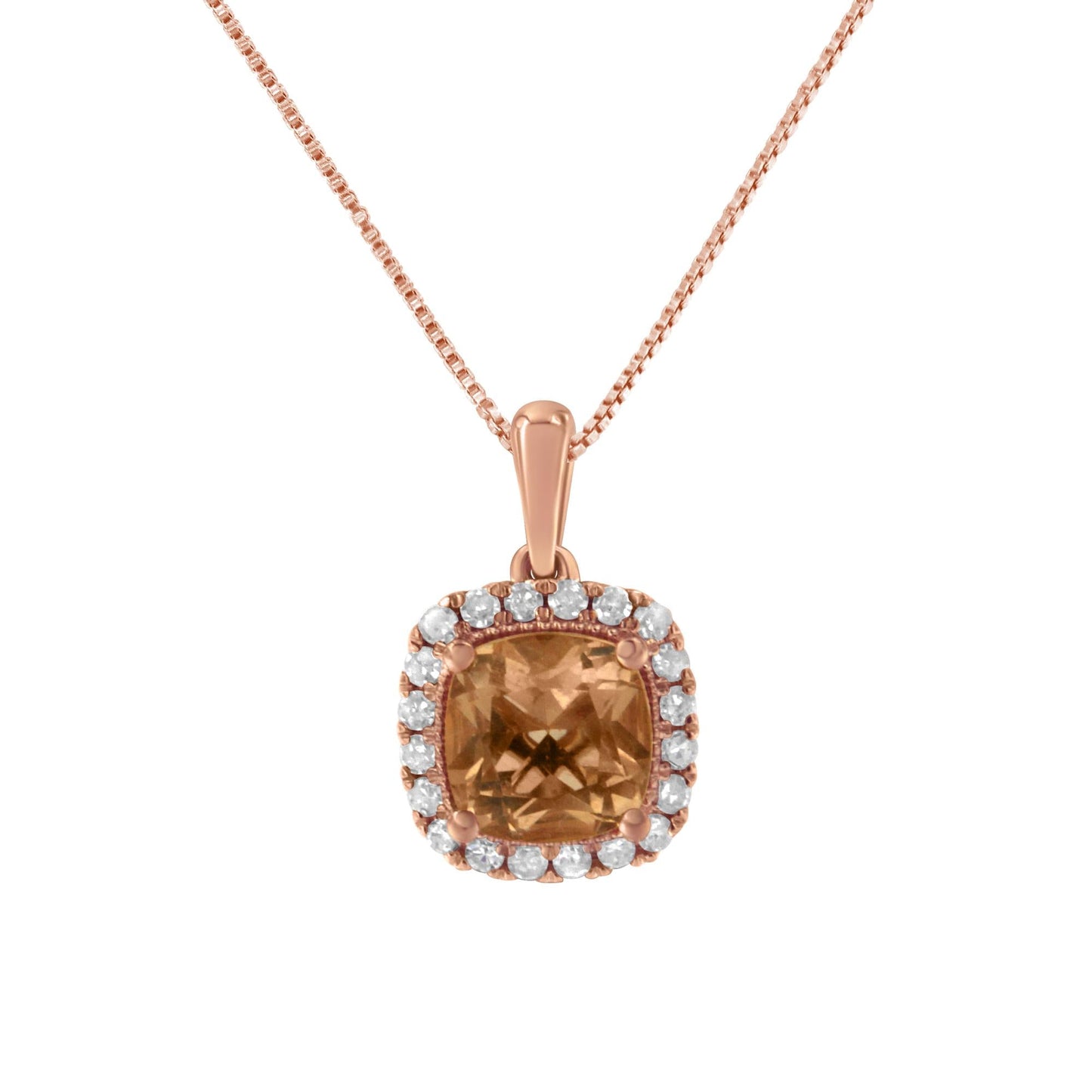 10K Rose Gold 1/4ct Diamond and 8MM Peach Morganite Gemstone Square Pendant (H-I, I1-I2)