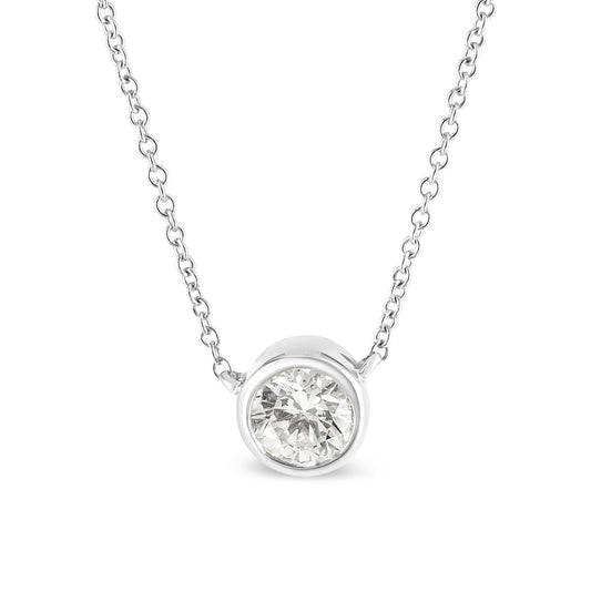 10K White Gold 1/3 Cttw Round Bezel-Set Diamond Solitaire Pendant Necklace (I-J Color, I1-I2 Clarity) - Adjustable 16-18"