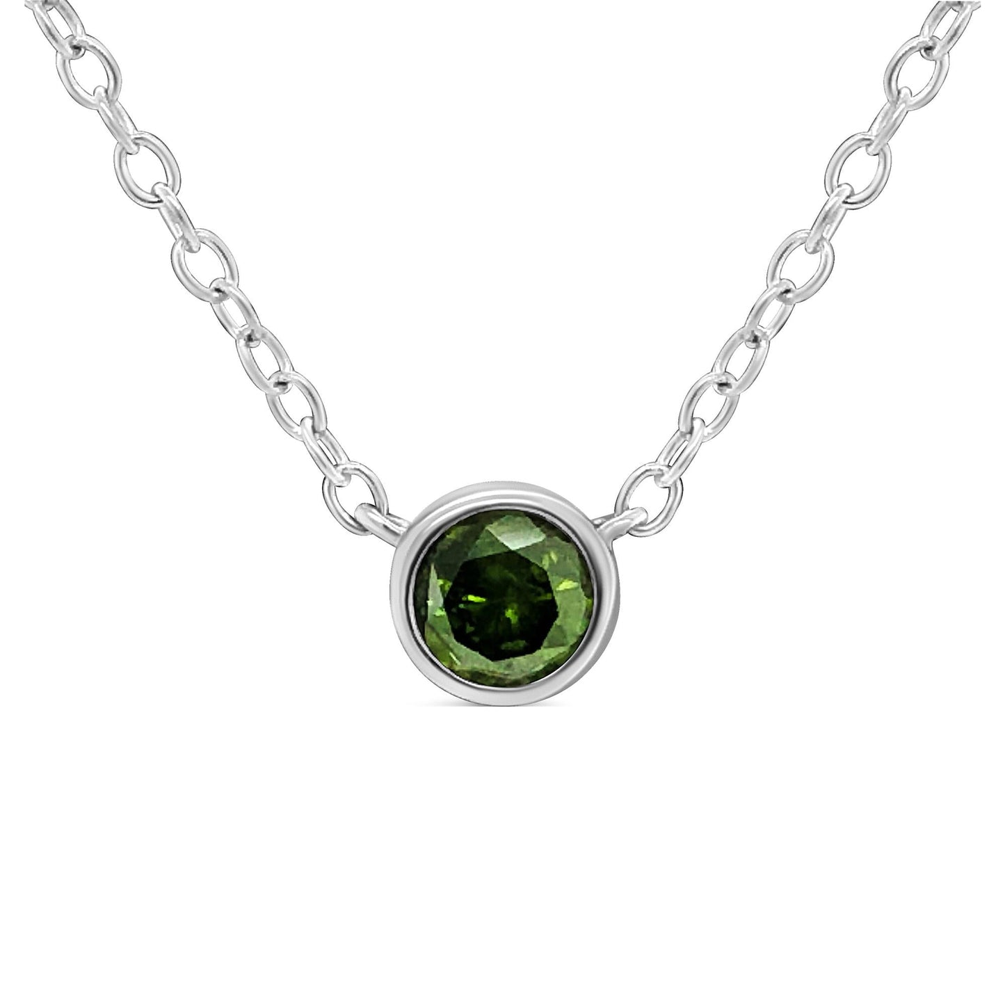 .925 Sterling Silver 1/5 Cttw Treated Green Diamond Solitaire Bezel 18" Pendant Necklace (Green Color, I1-I2 Clarity)