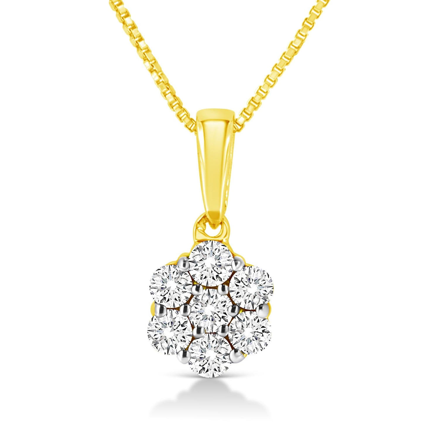 14K Yellow Gold 1/4 Cttw Prong Set Round-Cut Diamond 7 Stone Floral Cluster 18" Pendant Necklace (H-I Color, I1-I2 Clarity)