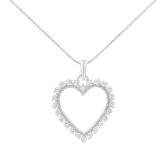 .925 Sterling Silver 1/2 Cttw Prong Set Diamond Encrusted Open Heart 18" Inch Pendant Necklace (I-J Color, I1-I2 Clarity)