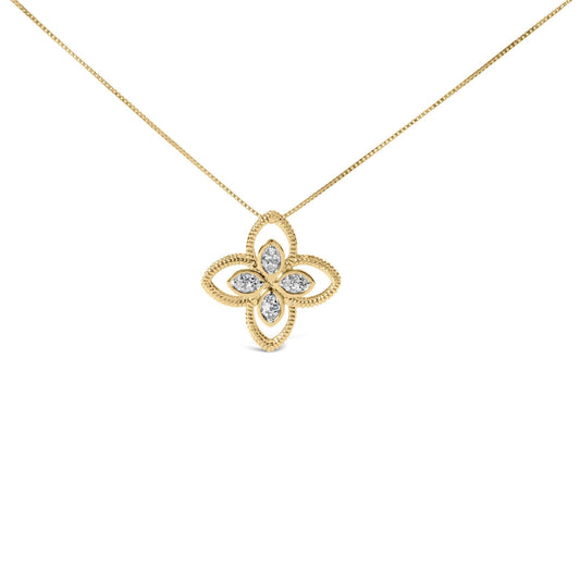 10K Yellow Gold 1/10 Cttw Diamond Floral Motif with Beaded Halo Pendant 18" Necklace (I-J Color, I1-I2 Clarity)