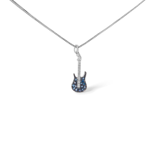 925 Sterling Silver 1/10 Cttw Treated  Diamond Guitar 18" Pendant Necklace (Blue Color, I2-I3 Clarity)