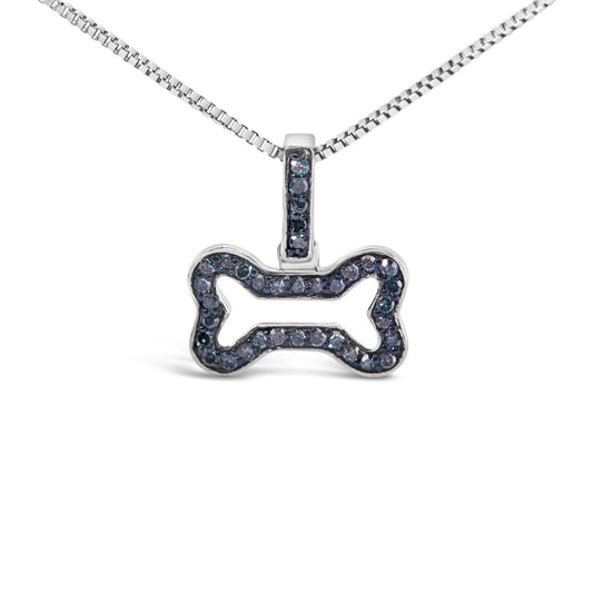 .925 Sterling Silver 1/5 Cttw Blue Diamond Dog Bone Pendant Necklace (Blue Color, I1-I2 Clarity) - 18"