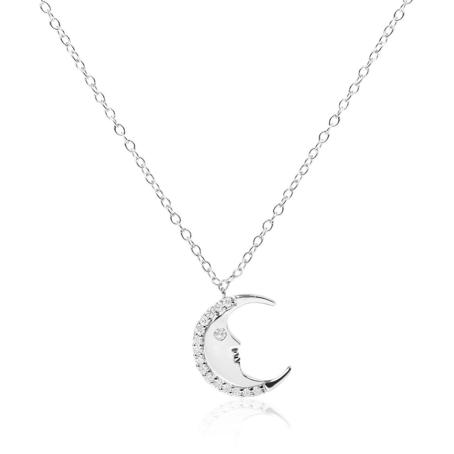 .925 Sterling Silver 1/10ct Diamond Crescent Man on the Moon 18" Pendant Necklace (H-I Color, SI1-SI2 Clarity)