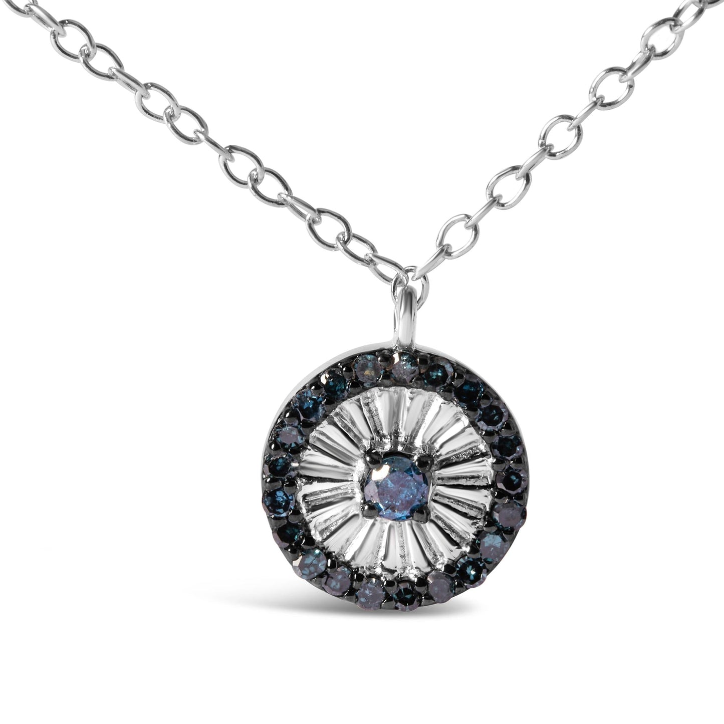 .925 Sterling Silver 1/6 Cttw Blue Diamond Wheel and Spoke Pendant Necklace (Blue Color, I2-I3 Clarity) - 18"