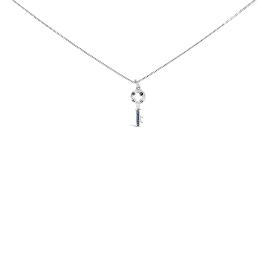 .925 Sterling Silver Blue Diamond Accent Key Pendant Necklace (Blue Color, I2-I3 Clarity) - 18" Inches