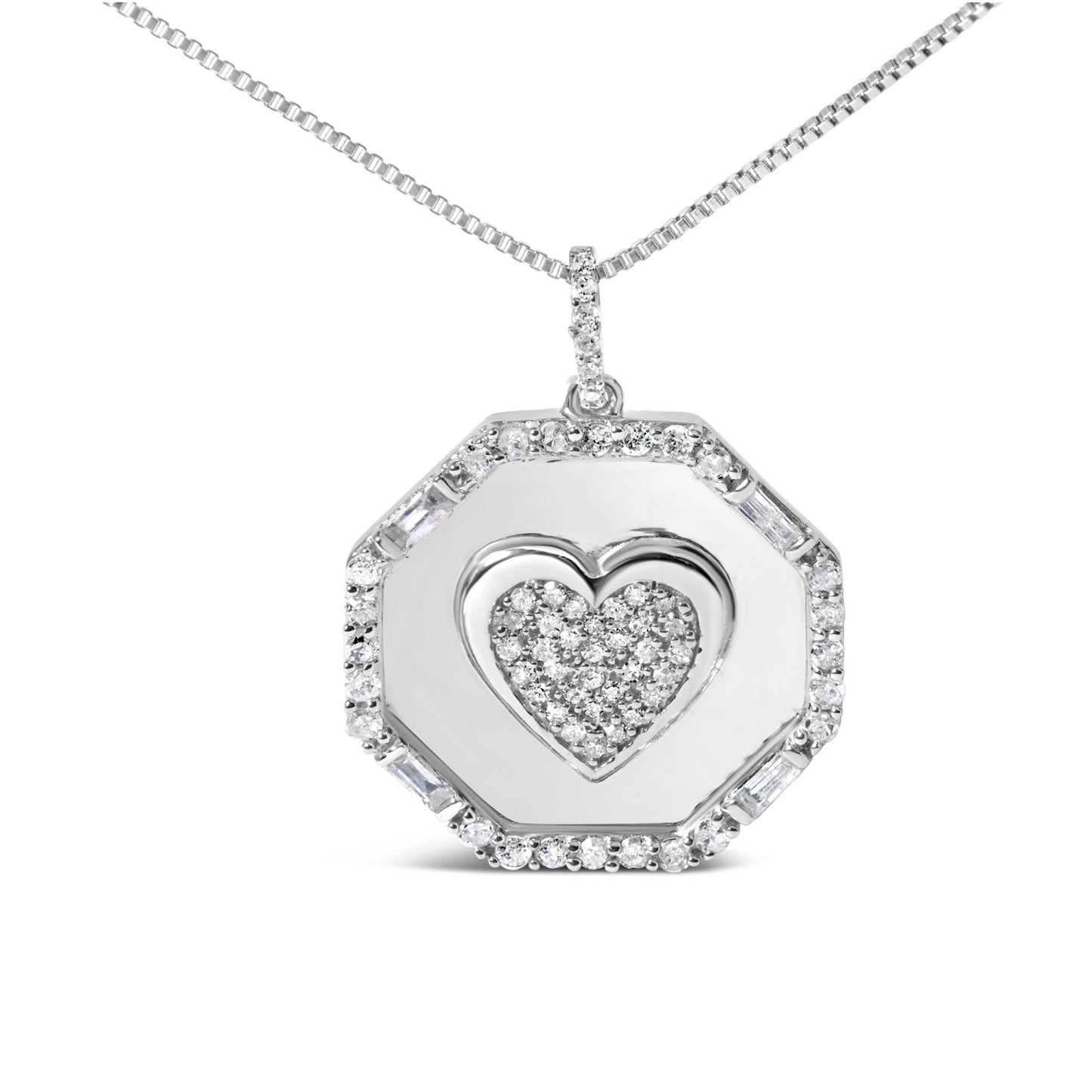 .925 Sterling Silver 5/8 Cttw Diamond Mirror Plate with Heart and Diamond Halo 18" Pendant Necklace (H-I Color, I2-I3 Clarity)