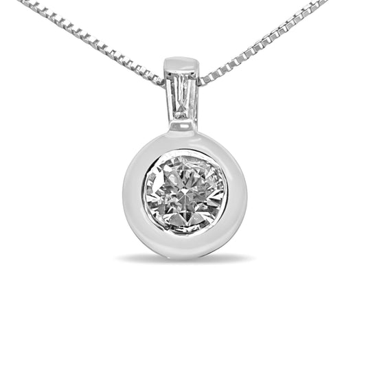 10K White Gold 1/4 Cttw Round and Baguette Diamond Bale and Solitaire 18" Pendant Necklace (I-J Color, I2-I3 Clarity)