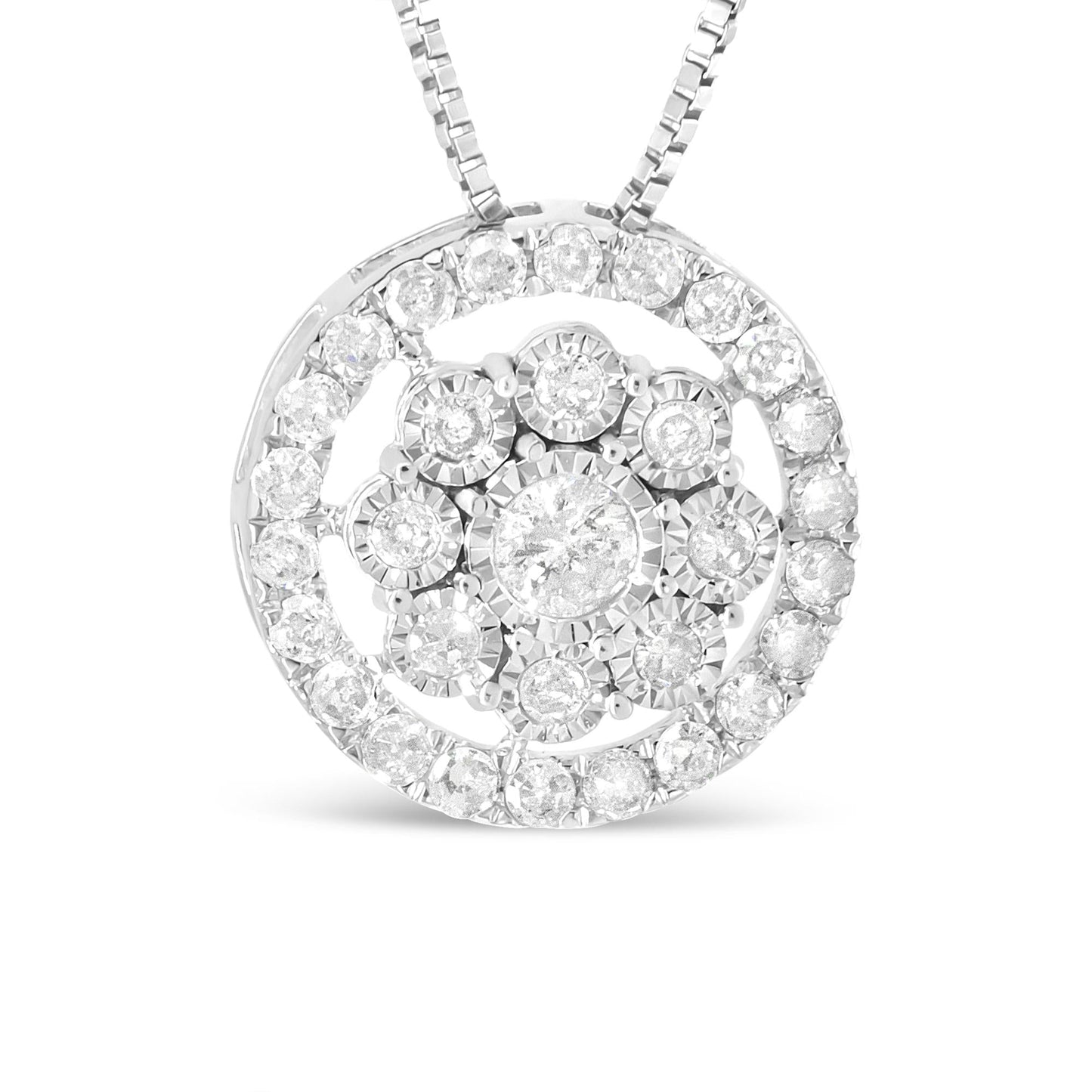 10K White Gold 1/2 Cttw Miracle Set Diamond Cluster Flower Halo 18" Pendant Necklace (I-J Color, I1-I2 Clarity)