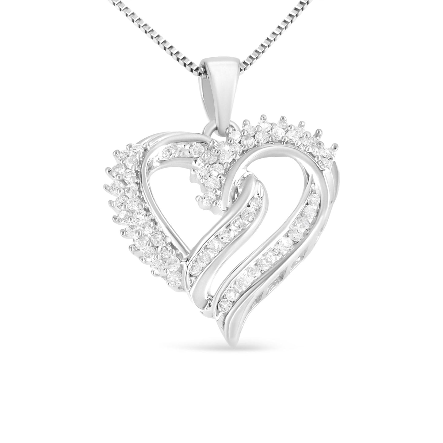 .925 Sterling Silver 1/2 Cttw Diamond Double Row Openwork Heart Pendant 18" Necklace (I-J Color, I3 Clarity)