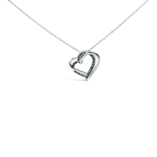 925 Sterling Silver 1/10 Cttw Treated Blue Diamond Double Heart 18" Pendant Necklace (Blue Color, I2-I3 Clarity)