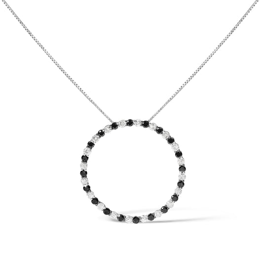 .925 Sterling Silver 2.0 Cttw Alternating Black and White Diamond Open Hoop Circle Pendant Necklace (H-I Color, I2-I3 Clarity) - 18" Inches