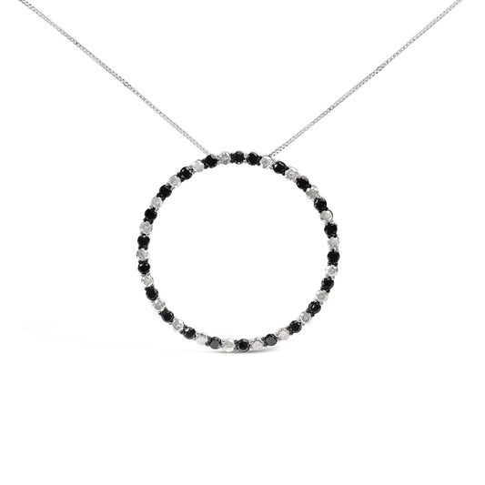 .925 Sterling Silver 3.0 Cttw Alternating Black and White Diamond Open Hoop Circle Pendant Necklace (H-I Color, I3 Clarity) - 18" Inches