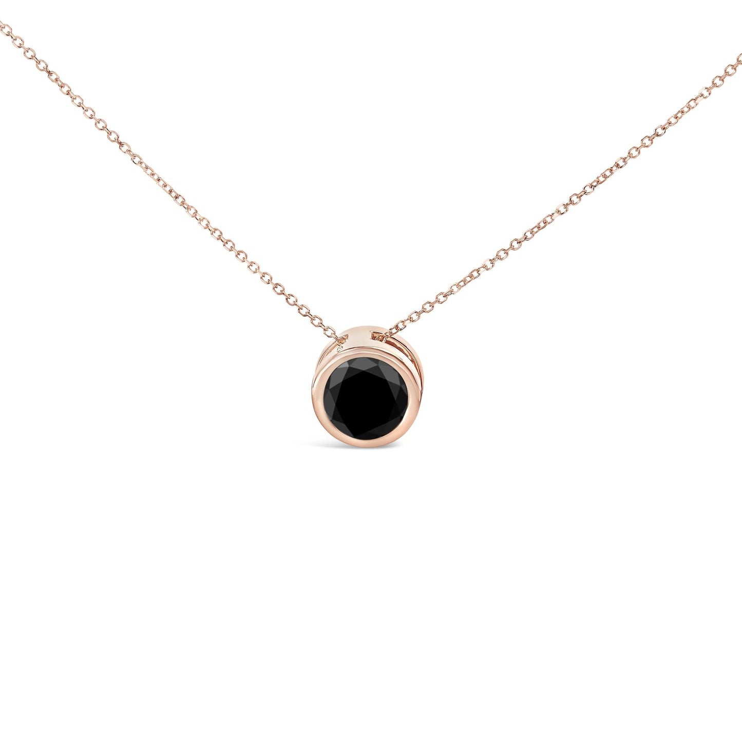 14K Rose Gold Bezel-Set Black Round Diamond Solitaire Pendant Necklace (Black Color, I2-I3 Clarity) - 18"