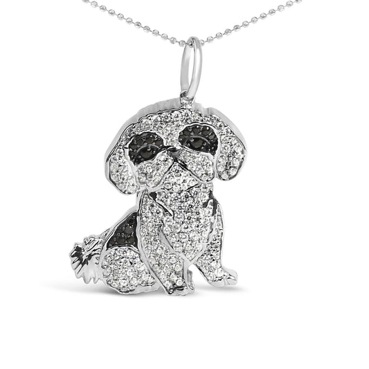 .925 Sterling Silver 1 1/4 Cttw Diamond Shih Tzu Dog Pendant Necklace 18 inch (Black and I-J Color, I2-I3 Clarity)