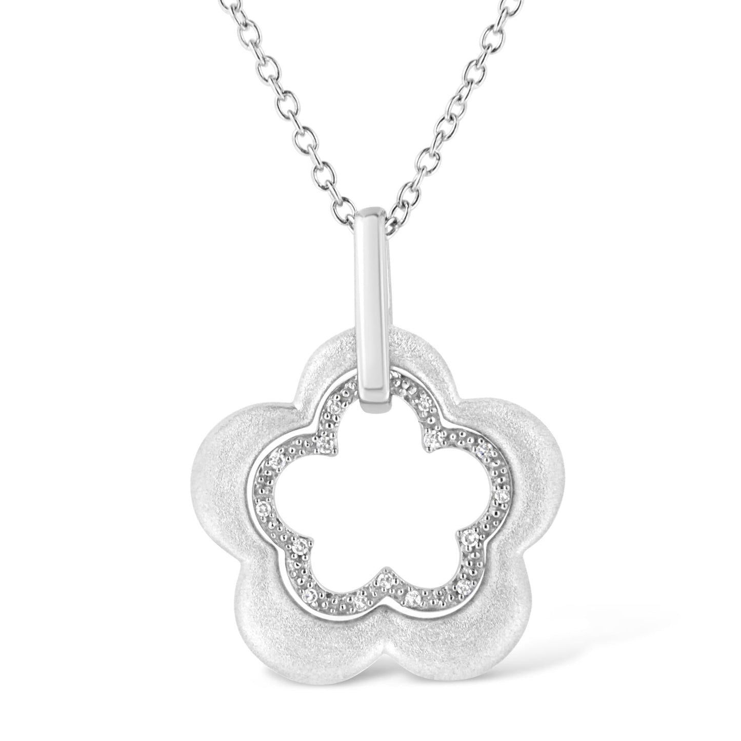 Matte Finished .925 Sterling Silver Diamond Accent Double Flower Shape 18" Satin Finished Pendant Necklace (I-J Color, I1-I2 Clarity)