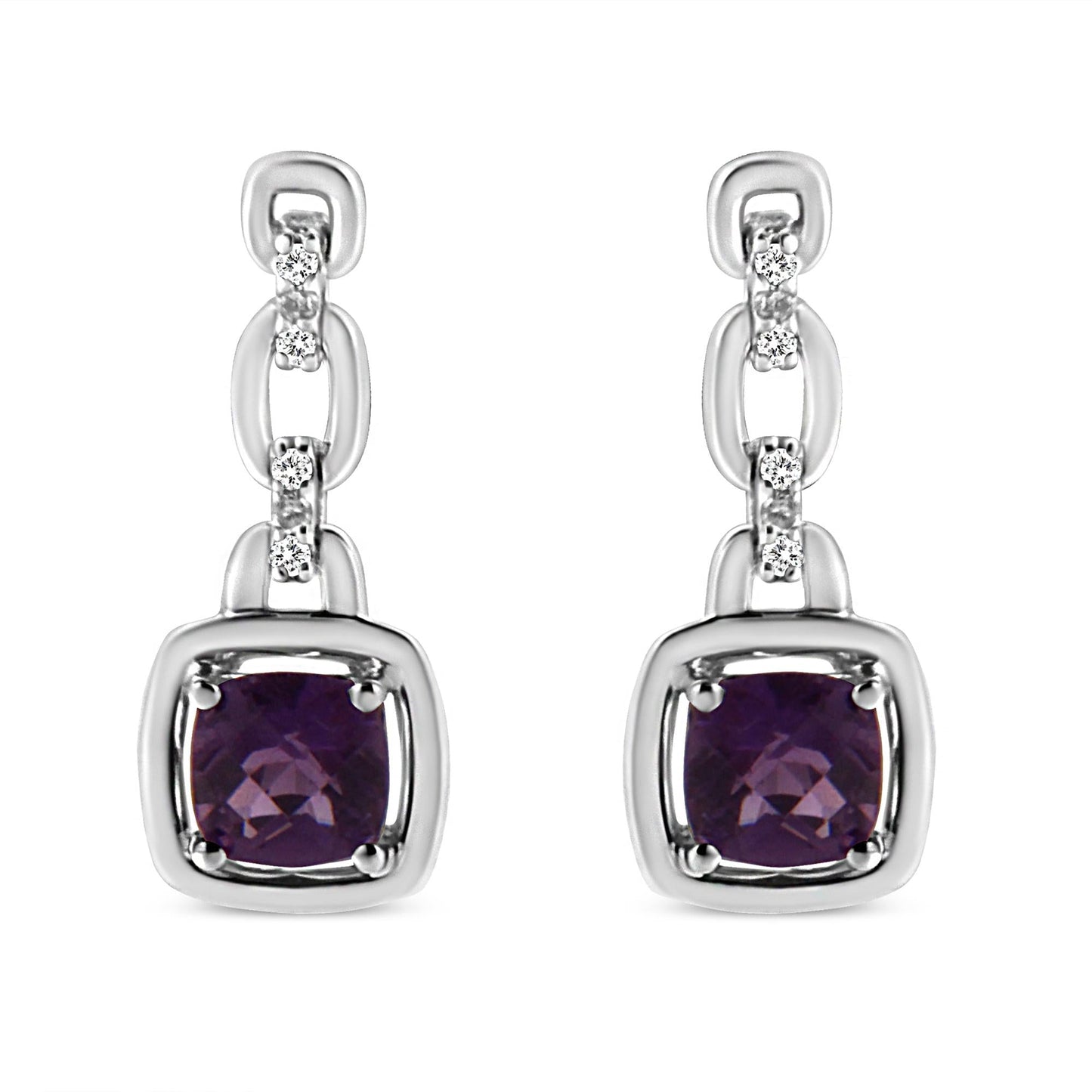 .925 Sterling Silver 6x6MM Cushion Shaped Natural Purple Amethyst and Diamond Accent Drop and Dangle Earrings (I-J Color, I1-I2 Clarity)