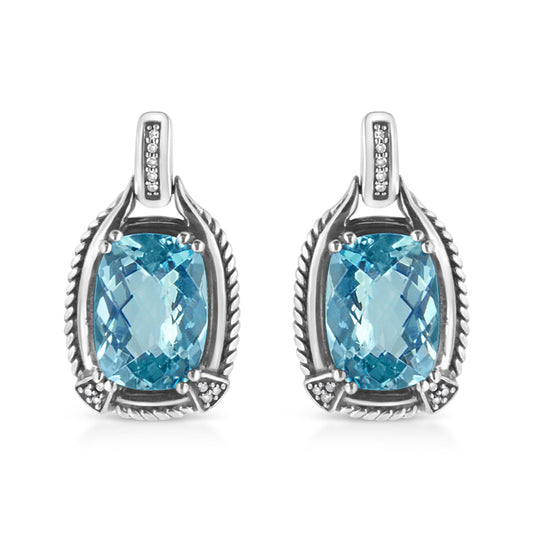 .925 Sterling Silver 14x10MM Cushion Cut Blue Topaz Gemstone and Diamond Accent Dangle Earring (I-J Color, I1-I2 Clarity)