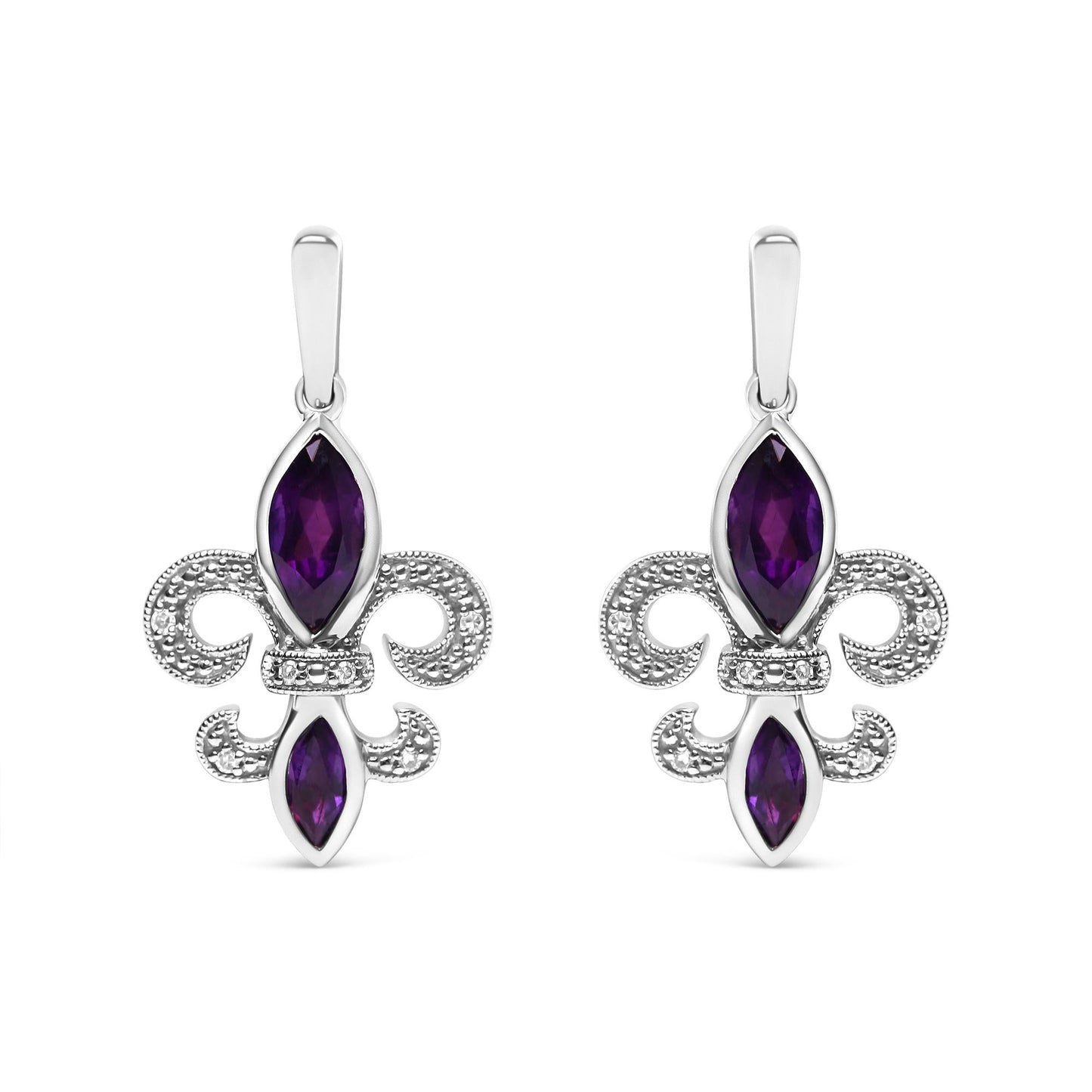 .925 Sterling Silver Marquise Cut Amethyst and Diamond Accent Fleur De Lis Dangle Stud Earrings (H-I Color, SI1-SI2 Clarity)