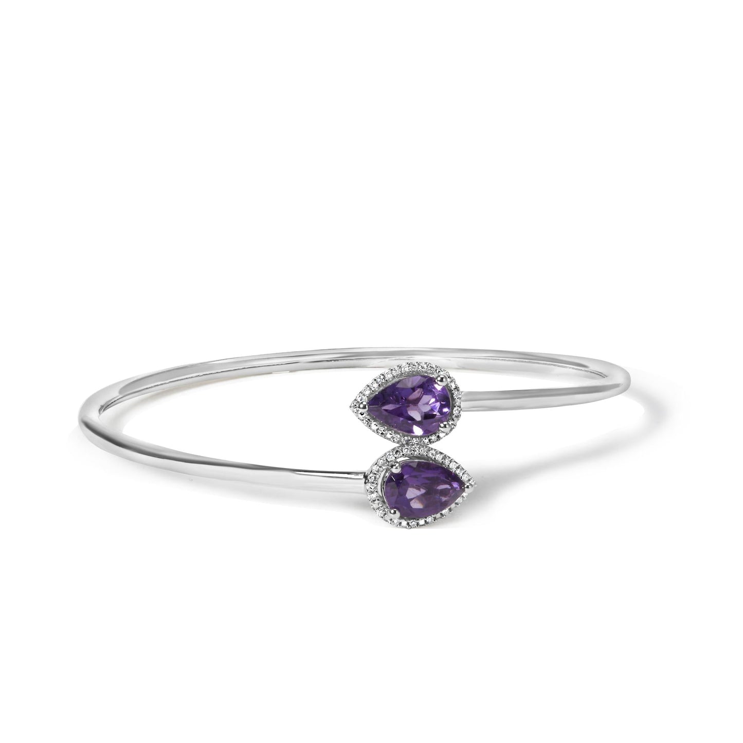 .925 Sterling Silver 8 x 5.5mm Pear Shape Amethyst  and Diamond Accent Halo Bypass Bangle Bracelet (H-I Color, SI1-SI2 Clarity)  - Fits up to 7" Inches