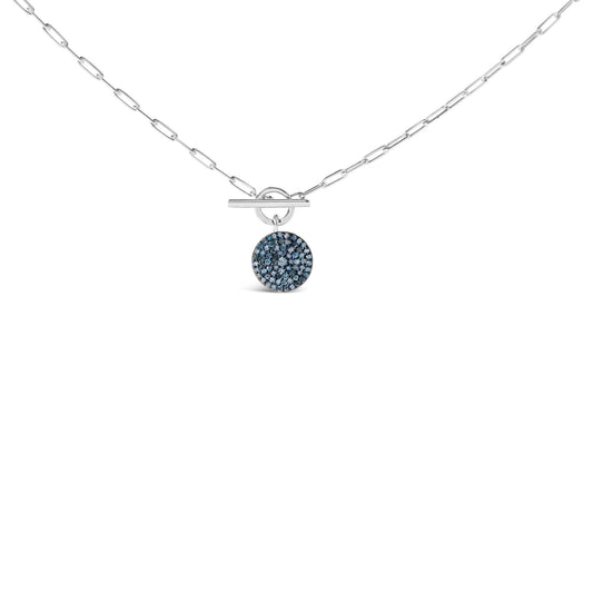 .925 Sterling Silver 3/8 Cttw Blue Diamond Medallion with Toggle Bale Paperclip Chain Pendant Necklace (Blue Color, SI1-SI2 Clarity) - 18" Inches