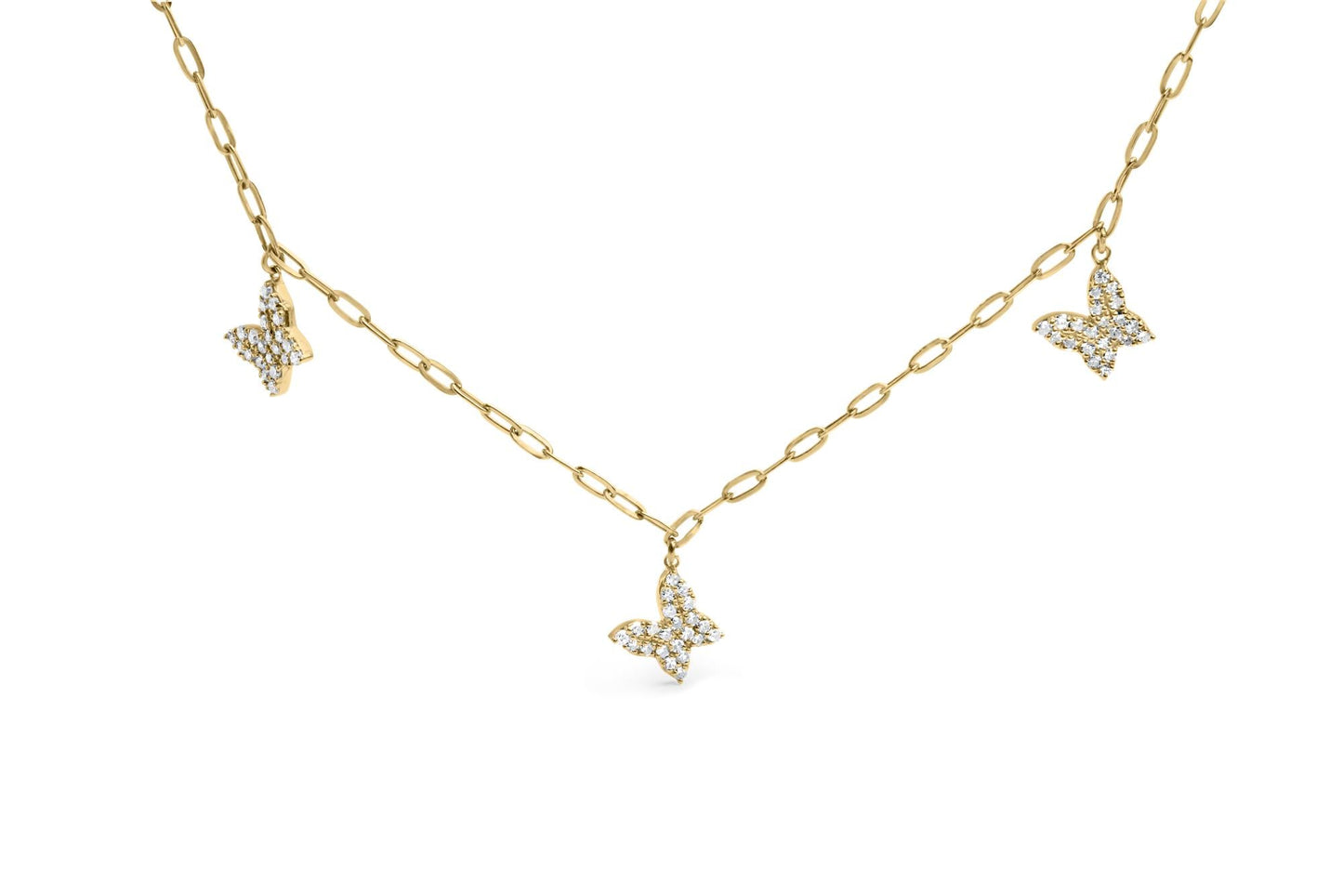 14KT Yellow Gold 1/2 Cttw Diamond Butterfly Station Paperclip Station Necklace (I-J Color, I1-I2 Clarity) - Adjustable 15"-17" Inches