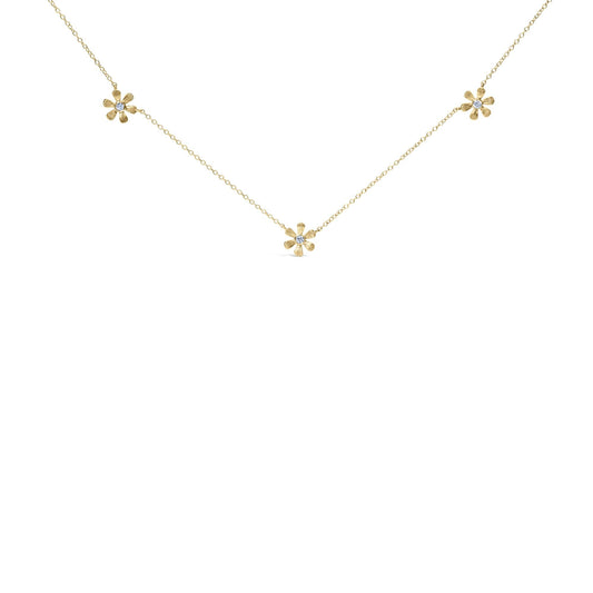 10K Yellow Gold 1/8 Cttw Diamond Floral Station Chain Necklace (I-J Color, I1-I2 Clarity)