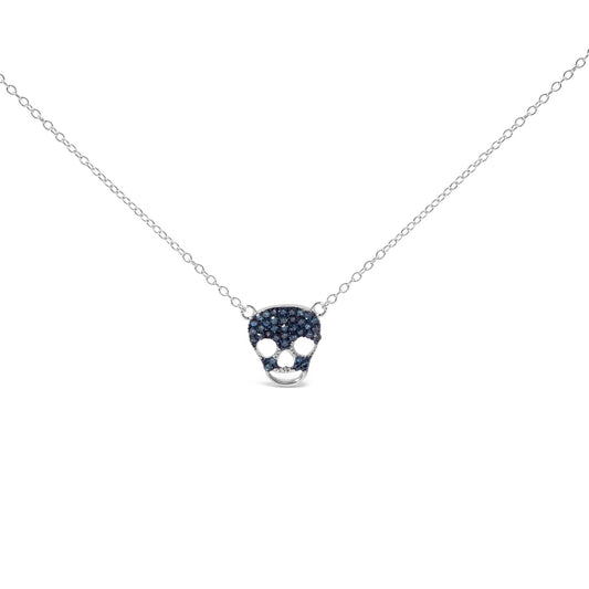 .925 Sterling Silver 1/7 Cttw Blue Diamond Skull Pendant Necklace (Blue Color, SI1-SI2 Clarity) - 18" Inches