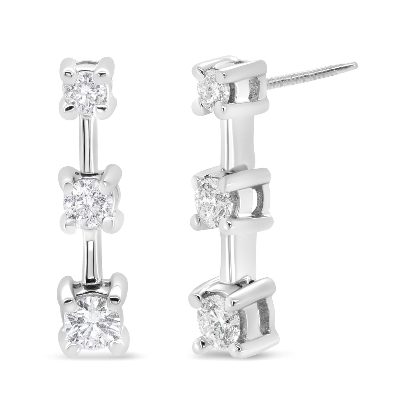 14K Gold Round Diamond 3 Stone Graduated Linear Drop Past, Present and Future Stud Earrings (H-I Color, SI1-SI2 Clarity)