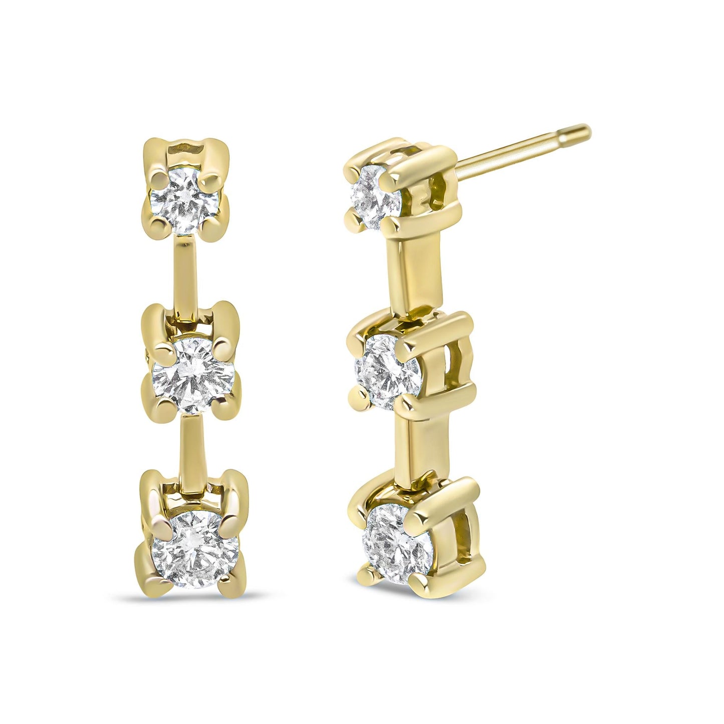 14K Gold Round Diamond 3 Stone Graduated Linear Drop Past, Present and Future Stud Earrings (H-I Color, SI1-SI2 Clarity)