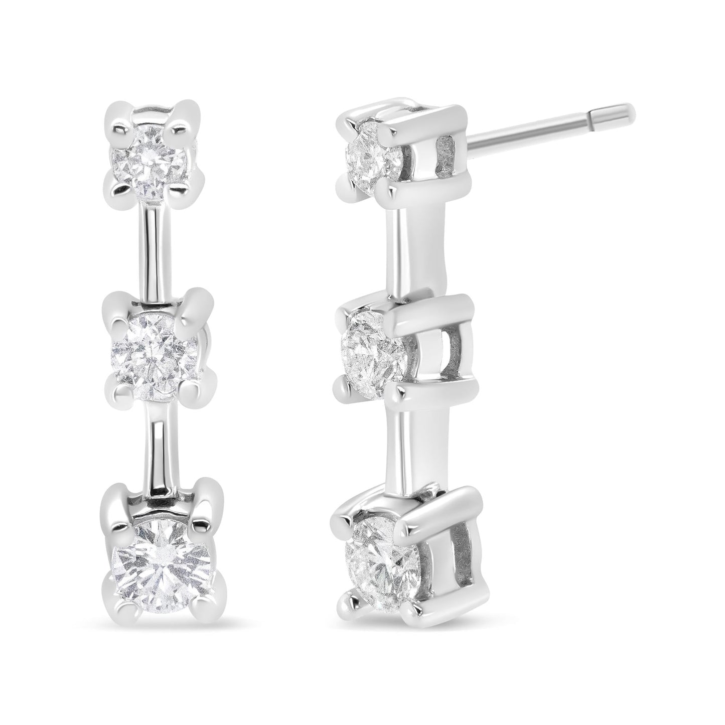 14K Gold Round Diamond 3 Stone Graduated Linear Drop Past, Present and Future Stud Earrings (H-I Color, SI1-SI2 Clarity)