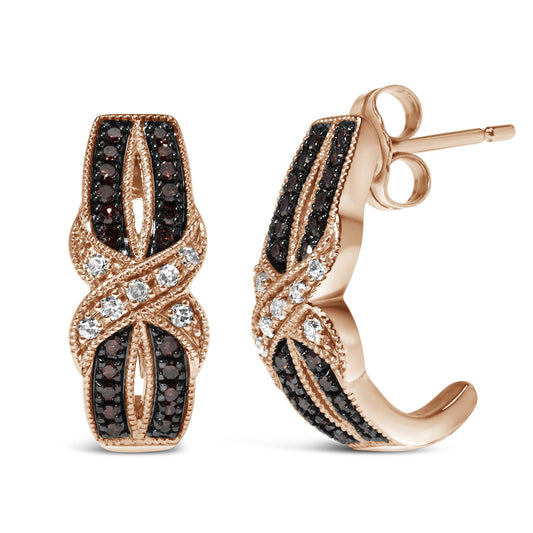 10K Rose Gold 1/3 Cttw White and Brown Diamond Milgrain Criss Cross J-Hoop Earrings (I-J Color, I1-I2 Clarity)