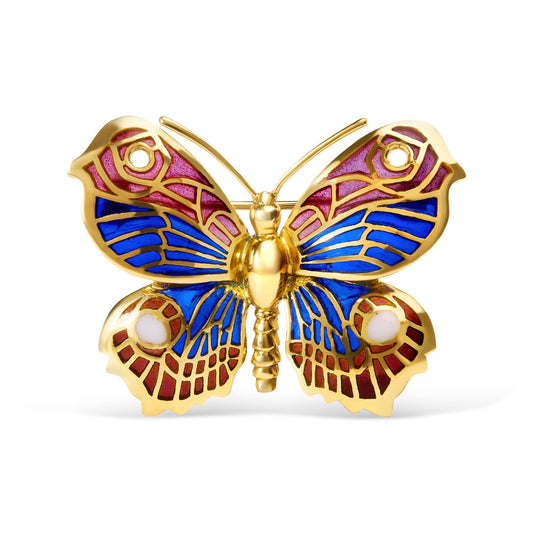 18K Yellow Gold Red, Blue, and White Enameled Butterfly Brooch Pin