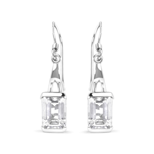 .925 Sterling Silver 3.0 Cttw Emerald Cut White Topaz Solitaire Dangle Earring - AAA Quality