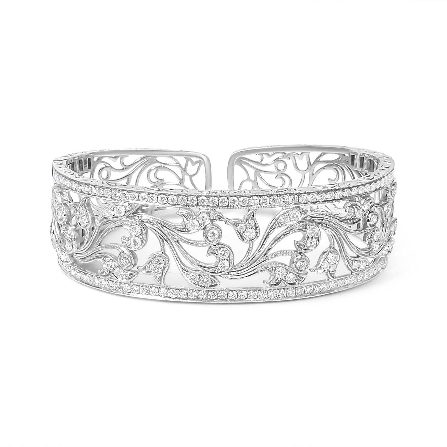 18K White Gold 3 1/4 Cttw Pave Diamond Openwork Floral Filigree Swirl Bangle Cuff Bracelet (H-I Color, VS2-SI1 Clarity)