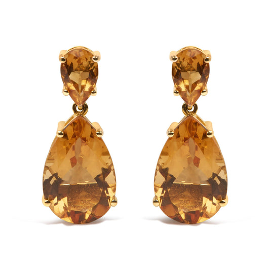 10K Yellow Gold Plated .925 Sterling Silver 12 1/3 Cttw Pear Shaped Orange Citrine Dangle Double Drop Stud Earring