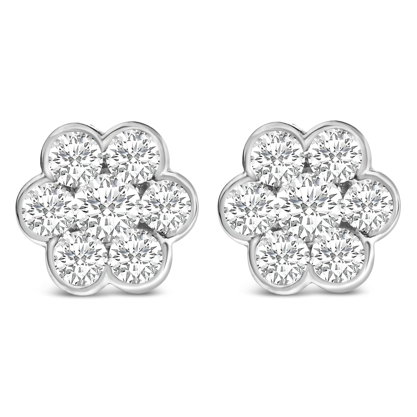 14K White Gold 1 1/3 Cttw Diamond Bezel Style 7 Stone Floral Cluster Stud Earrings (H-I Color, VS2-SI1 Clarity)