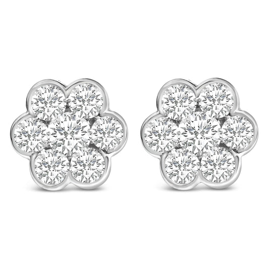 14K White Gold 1 1/3 Cttw Diamond Bezel Style 7 Stone Floral Cluster Stud Earrings (H-I Color, VS2-SI1 Clarity)