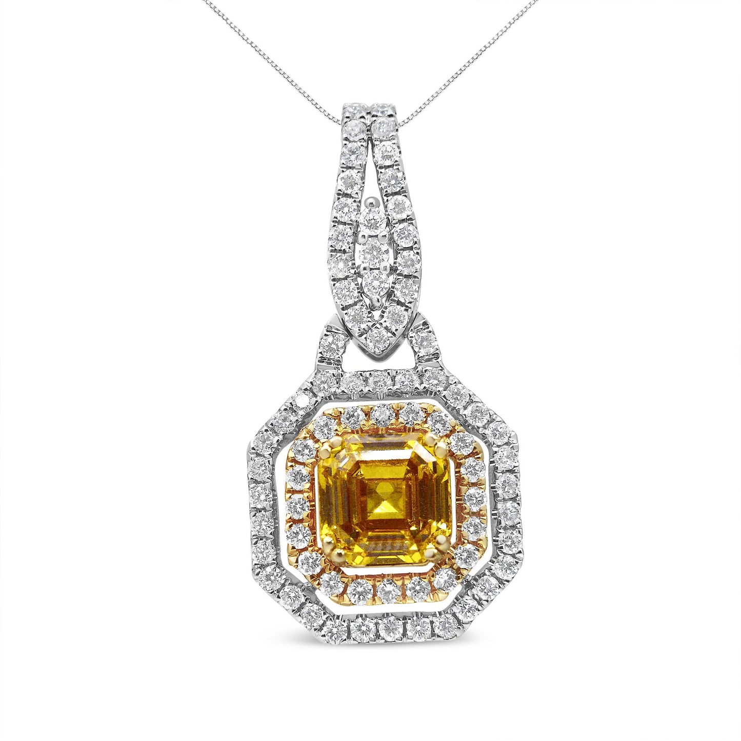 18K White and Yellow Gold 2 3/5 Cttw Lab Grown Yellow Asscher Diamond Double Framed Halo 18" Pendant Necklace (Yellow/G-H Color, VS1-VS2 Clarity)