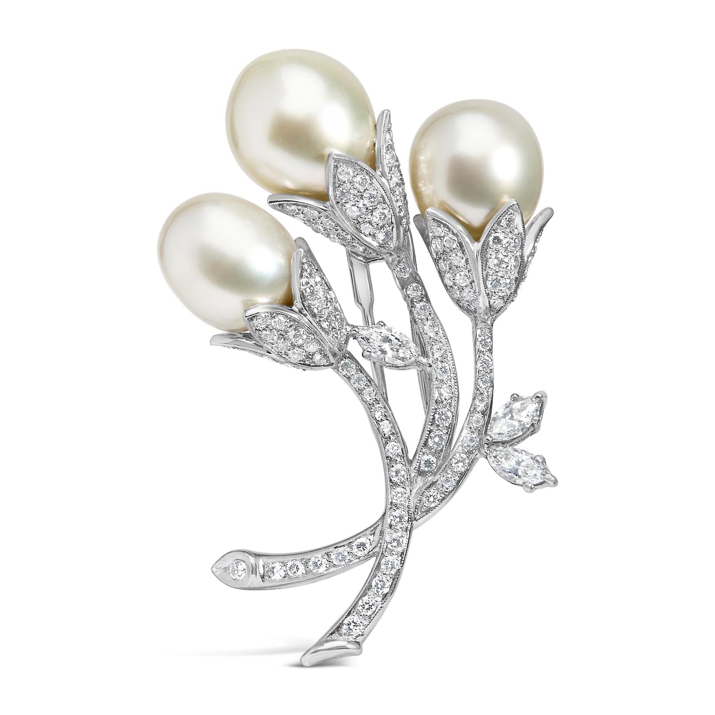 18K White Gold 2 1/5 Cttw Diamond and South Sea Pearl Floral Brooch Pin (G-H Color, VS1-VS2 Clarity)